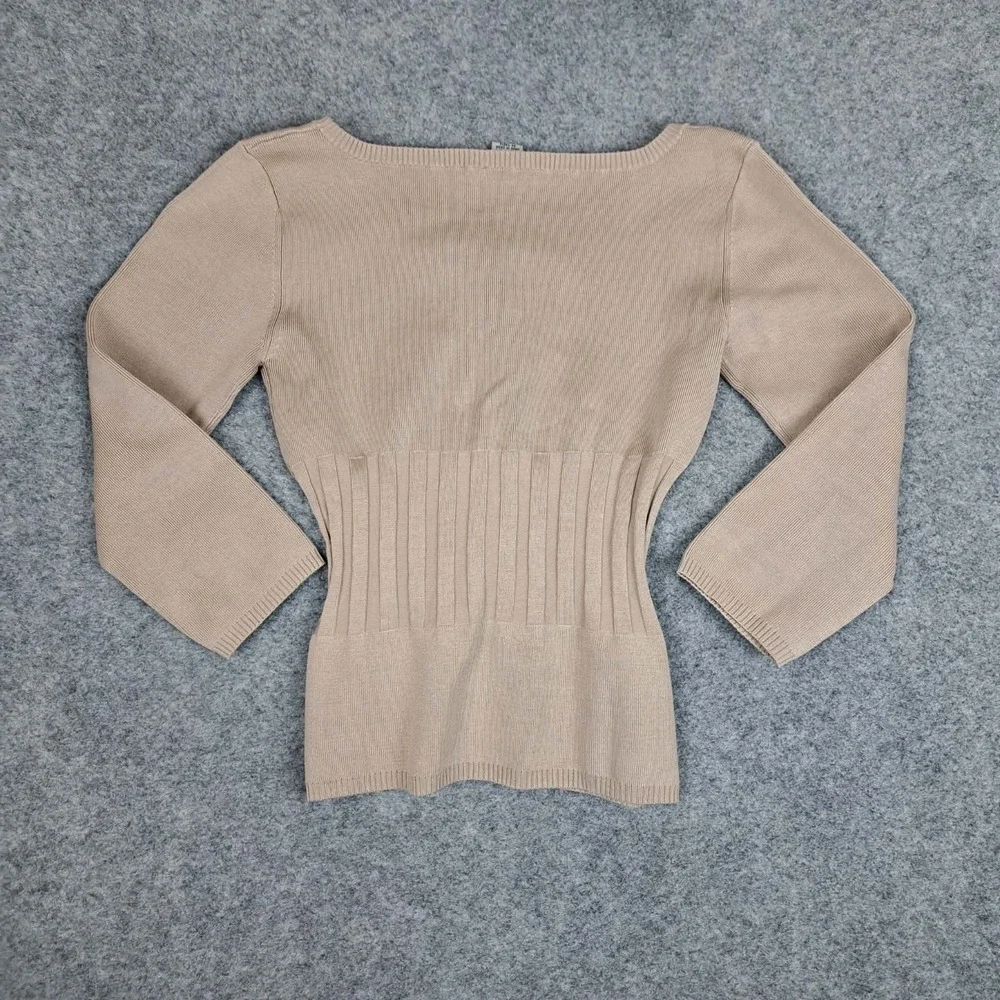 Cache Sweater Womens Small Beige Silk Blend Sweater Ribbed‎ Long Sleeve  Top